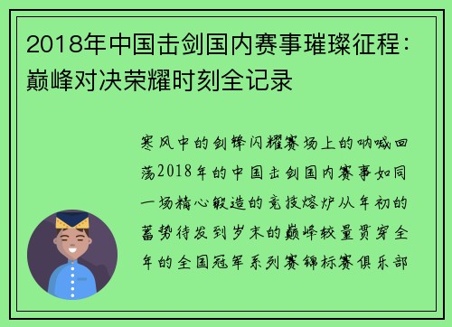 2018年中国击剑国内赛事璀璨征程：巅峰对决荣耀时刻全记录